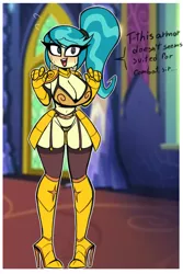 Size: 1000x1500 | Tagged: suggestive, artist:nelljoestar, derpibooru import, auntie lofty, equestria girls, armor, big breasts, breasts, busty auntie lofty, cleavage, clothes, curvy, equestria girls-ified, female, high heels, hourglass figure, image, jpeg, milf, royal guard, royal guard armor, shoes, skimpy outfit, solo, solo female, text, unconvincing armor, wide hips