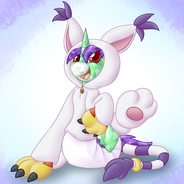 Size: 2000x2000 | Tagged: questionable, alternate version, artist:plinkie_poi, derpibooru import, oc, oc:crescent star, unofficial characters only, crystal pony, gatomon, pony, unicorn, clothes, cosplay, costume, crystal unicorn, diaper, diaper fetish, digimon, fetish, happy, hoodie, image, kigurumi, male, paws, png, poofy diaper, sitting, smiling, solo, stallion