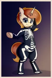 Size: 2161x3240 | Tagged: safe, artist:andelai, derpibooru import, oc, oc:celice, pony, semi-anthro, unicorn, bipedal, bone, clothes, costume, eyeshadow, halloween, halloween costume, holiday, image, makeup, piercing, png, simple background, skeleton, skeleton costume, solo, wide hips