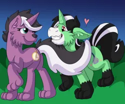 Size: 1280x1067 | Tagged: safe, artist:detective coon, derpibooru import, oc, oc:charming dazz, oc:crescent star, unofficial characters only, skunk, unicorn, crystal unicorn, female, field, furry, grin, image, jpeg, love, male, paws, quadrupedal, simple background, skunk stripe, smiling, transformation
