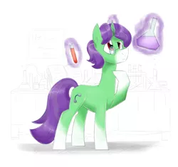 Size: 3300x3100 | Tagged: safe, artist:flutterthrash, derpibooru import, oc, oc:crescent star, unofficial characters only, crystal pony, pony, unicorn, alchemy, crystal unicorn, curious, erlenmeyer flask, flask, image, magic, male, png, potions, simple background, stallion, test tube