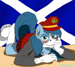 Size: 944x846 | Tagged: suggestive, artist:holdenwolfart, derpibooru import, oc, oc:mad munchkin, unofficial characters only, anthro, bed, blushing, breasts, cleavage, ear piercing, earring, female, image, jewelry, jpeg, looking at you, piercing, scotland, scottish, scottish flag, smiling, smiling at you, solo
