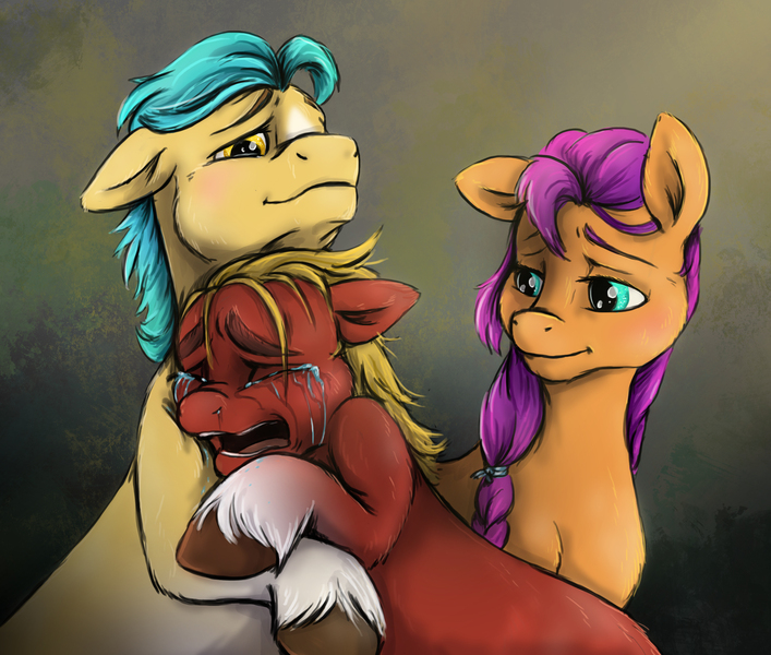 Size: 2353x1997 | Tagged: safe, artist:aga_wisnia, derpibooru import, hitch trailblazer, sprout cloverleaf, sunny starscout, earth pony, pony, comforting, crying, g5, image, jpeg