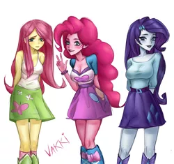 Size: 3243x3045 | Tagged: safe, artist:annvakki, derpibooru import, fluttershy, pinkie pie, rarity, equestria girls, breasts, busty pinkie pie, busty rarity, cleavage, female, image, png, simple background, trio, white background