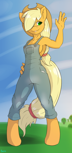 Size: 1152x2448 | Tagged: safe, artist:edgarkingmaker, derpibooru import, applejack, anthro, earth pony, breasts, clothes, color, digital, hat, image, my little pony, overalls, png