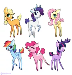 Size: 968x1000 | Tagged: safe, artist:risswm, derpibooru import, applejack, fluttershy, pinkie pie, rainbow dash, rarity, twilight sparkle, deer, deer pony, original species, peryton, reindeer, doe, female, image, mane six, png, ponytober, reindeerified, simple background, species swap, speech bubble, white background