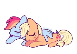 Size: 1411x1000 | Tagged: safe, artist:risswm, derpibooru import, applejack, rainbow dash, earth pony, pegasus, pony, appledash, blushing, eyes closed, female, hug, image, lesbian, lying down, mare, png, ponytober, prone, shipping, simple background, sleeping, white background, wing blanket, winghug, wings