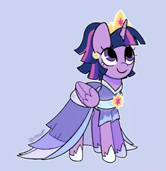 Size: 1515x1561 | Tagged: safe, artist:risswm, derpibooru import, twilight sparkle, twilight sparkle (alicorn), alicorn, pony, the last problem, blue background, clothes, coronation dress, crown, cute, dress, female, image, jewelry, looking up, mare, png, ponytober, regalia, second coronation dress, simple background, smiling, solo, twiabetes