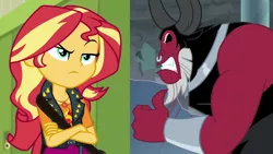 Size: 1920x1080 | Tagged: safe, derpibooru import, edit, edited screencap, screencap, lord tirek, sunset shimmer, centaur, equestria girls, equestria girls series, forgotten friendship, the ending of the end, angry, crossed arms, geode of empathy, gums, image, magical geodes, png, sunset shimmer is not amused, unamused