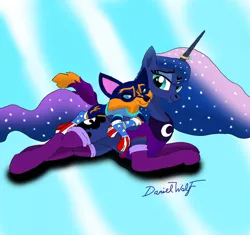 Size: 922x867 | Tagged: safe, artist:holdenwolfart, derpibooru import, princess luna, oc, oc:holden wolf, alicorn, american flag, canon x oc, clothes, female, flag, happy couple, holdenluna, horn, horn ring, image, jewelry, jpeg, larger female, luna x oc, male, mature, ring, size difference, smaller male, socks, stockings, thigh highs