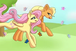 Size: 1589x1080 | Tagged: safe, artist:shycookieq, derpibooru import, applejack, fluttershy, butterfly, earth pony, insect, pegasus, pony, appleshy, collaboration, female, image, jpeg, lesbian, mare, running, shipping