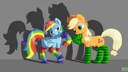 Size: 1280x720 | Tagged: safe, artist:pigmanxx, derpibooru import, applejack, rainbow dash, pegasus, pony, appledash, clothes, female, grin, hoof on chin, image, lesbian, png, rainbow socks, shipping, smiling, socks, striped socks