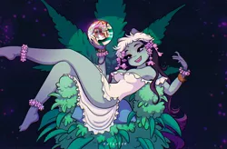 Size: 2048x1344 | Tagged: safe, artist:katputze, derpibooru import, oc, oc:mary jane, unofficial characters only, anthro, earth pony, plantigrade anthro, breasts, clothes, crystal ball, dress, drugs, female, image, jpeg, lying down, marijuana, on back, solo, throne