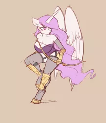 Size: 2850x3292 | Tagged: safe, artist:yoditax, princess celestia, alicorn, anthro, unguligrade anthro, big breasts, bow, bracer, breasts, brown background, cleavage, clothes, colored sketch, ears, female, floppy ears, garter belt, horn, image, large wings, long horn, looking back, pink-mane celestia, png, simple background, solo, stockings, thigh highs, wings