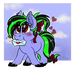 Size: 905x840 | Tagged: safe, artist:millefaller, derpibooru import, oc, unofficial characters only, earth pony, pony, bow, earth pony oc, hair bow, heart eyes, image, letter, mouth hold, png, solo, tail, tail bow, unshorn fetlocks, wingding eyes