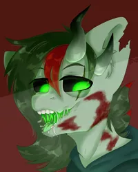 Size: 2000x2500 | Tagged: semi-grimdark, artist:etoz, derpibooru import, oc, oc:cy, unofficial characters only, earth pony, pony, undead, zombie, zombie pony, black sclera, blood, clothes, commission, drool, drool string, earth pony oc, eyebrows, eyebrows visible through hair, hoodie, horn, horns, image, looking at something, looking down, male, open mouth, png, salivating, solo, stallion, teeth, wingding eyes