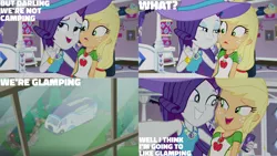 Size: 1280x720 | Tagged: safe, derpibooru import, edit, edited screencap, editor:quoterific, screencap, applejack, rarity, camping must-haves, equestria girls, equestria girls series, spoiler:eqg series (season 2), belt, clothes, cutie mark, cutie mark on clothes, denim skirt, female, geode of shielding, geode of super strength, image, jewelry, magical geodes, necklace, open mouth, open smile, png, rarity peplum dress, skirt, smiling