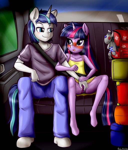 Size: 2596x3036 | Tagged: explicit, artist:anibaruthecat, banned from derpibooru, shining armor, smarty pants, twilight sparkle, anthro, backseat, blushing, car, clothes, dress, female, fingering, image, incest, jeans, lolicon, luggage, panties, pants, png, seatbelt, sex, spread legs, spreading, stealth sex, thrill of almost being caught, underage, underwear, vaginal secretions, younger