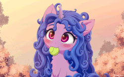 Size: 824x515 | Tagged: safe, artist:symbianl, artist:szafir87, derpibooru import, izzy moonbow, my little pony: a new generation, animated, ball, cute, g5, gif, image, izzy's tennis ball, mouth hold, nom, tennis ball