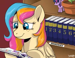 Size: 3000x2333 | Tagged: safe, artist:lostinthetrees3, derpibooru import, twilight sparkle, oc, oc:golden gates, pegasus, pony, babscon, blue eyes, book, female, folded wings, freckles, high res, hoof hold, image, jpeg, mare, mascot, multicolored mane, pegasus oc, smiling, solo, wings