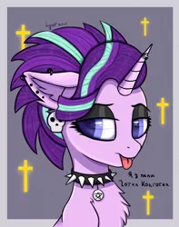 Size: 2700x3433 | Tagged: safe, artist:ingolf arts, derpibooru import, starlight glimmer, pony, unicorn, big eyes, bust, chest fluff, choker, cute, emo, female, fluffy, goth, high res, image, looking at you, makeup, mare, png, simple background, solo, spiked choker, teenage glimmer, teenager, tongue out