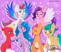 Size: 1765x1487 | Tagged: safe, artist:maru_kuroshima, derpibooru import, hitch trailblazer, izzy moonbow, pipp petals, sprout cloverleaf, sunny starscout, zipp storm, g5, image, jpeg, mane five (g5)