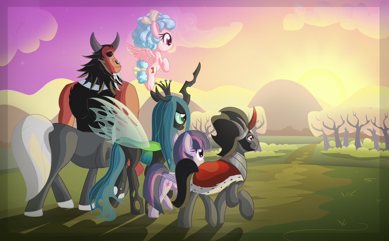 Size: 4031x2500 | Tagged: safe, artist:vito, cozy glow, king sombra, lord tirek, mean twilight sparkle, queen chrysalis, a better ending for chrysalis, a better ending for cozy, a better ending for mean twilight, a better ending for sombra, a better ending for tirek, image, png, sunrise