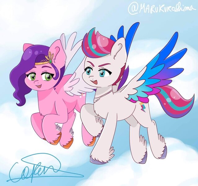 Size: 1349x1267 | Tagged: safe, artist:maru_kuroshima, derpibooru import, pipp petals, zipp storm, pegasus, adorapipp, adorazipp, cute, female, flying, g5, image, jpeg, siblings, sisters