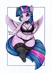 Size: 2470x3493 | Tagged: suggestive, artist:longinius, derpibooru import, twilight sparkle, twilight sparkle (alicorn), alicorn, anthro, belly button, bra, chibi, choker, clothes, female, image, lace, lingerie, panties, png, socks, solo, solo female, stockings, thigh highs, thighs, thunder thighs, traditional art, underwear, waving, wide hips