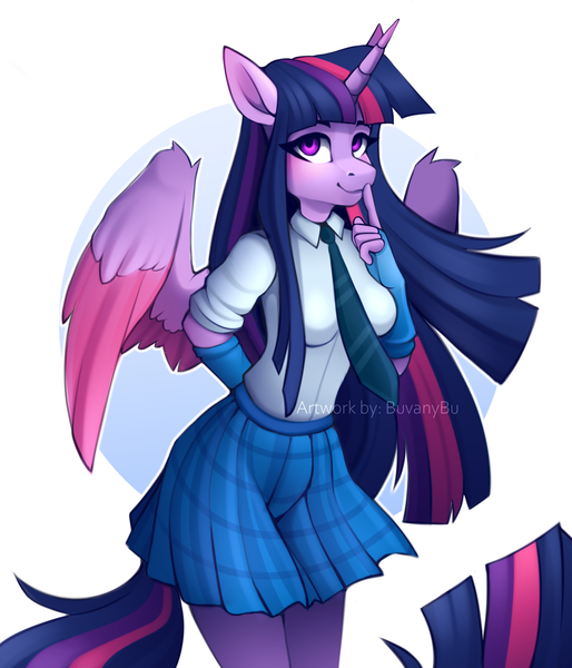 Size: 3543x4134 | Tagged: safe, artist:buvanybu, derpibooru import, twilight sparkle, twilight sparkle (alicorn), alicorn, anthro, pony, arm warmers, clothes, female, image, looking at you, mare, png, school uniform, shirt, simple background, skirt, solo, white background