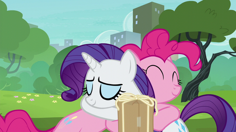 Size: 1280x720 | Tagged: safe, derpibooru import, screencap, pinkie pie, rarity, earth pony, pony, unicorn, season 6, the gift of the maud pie, ^^, box, cute, diapinkes, duo, duo female, eyes closed, female, hug, image, png, raribetes