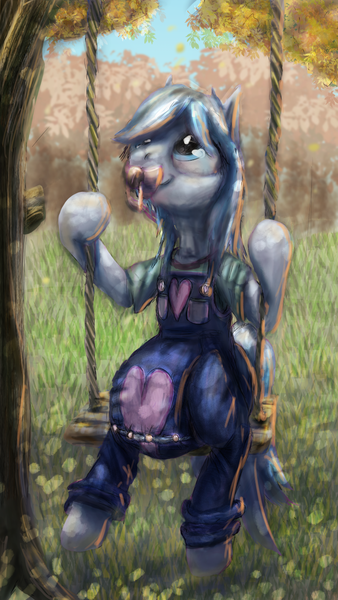 Size: 756x1344 | Tagged: suggestive, artist:auntiefrost, derpibooru import, oc, oc:snow frost, unofficial characters only, earth pony, pony, adult foal, autumn, clothes, diaper, diaper fetish, digital painting, fetish, image, overalls, pacifier, png, poofy diaper, shirt, solo, swing, tree