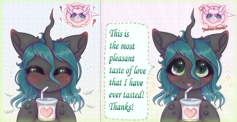 Size: 1999x1030 | Tagged: safe, artist:saltyvity, derpibooru import, amethyst star, queen chrysalis, oc, oc:fluffle puff, changeling, changeling queen, earth pony, pony, canon x oc, changeling feeding, chrysipuff, comic, cute, cutealis, female, flufflebetes, fluffy, image, juice, lesbian, love, png, shipping, solo focus, sparkles