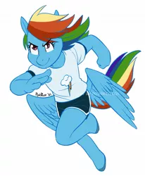 Size: 1059x1283 | Tagged: safe, artist:powree, derpibooru import, rainbow dash, anthro, pegasus, pony, unguligrade anthro, clothes, cutie mark, cutie mark on clothes, full body, image, jpeg, running, shirt, shorts, simple background, smiling, solo, t-shirt, tail, white background, wings