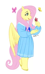 Size: 1012x1652 | Tagged: safe, artist:powree, derpibooru import, fluttershy, anthro, butterfly, insect, pegasus, unguligrade anthro, clothes, cute, dress, image, png, simple background, solo, white background, wings