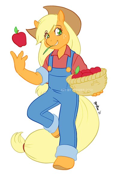 Size: 1075x1680 | Tagged: safe, artist:powree, derpibooru import, applejack, anthro, earth pony, unguligrade anthro, apple, basket, clothes, cute, food, freckles, image, jpeg, overalls, simple background, solo, straw in mouth, white background