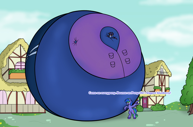 Size: 2939x1942 | Tagged: suggestive, artist:aaathebap, derpibooru import, oc, oc:felicity stars, oc:magna-save, unofficial characters only, pegasus, pony, unicorn, belly, big belly, bipedal, blueberry, blueberry inflation, clothes, dialogue, duo, expansion, food, high res, huge belly, hyper, hyper belly, image, impossibly large belly, inflation, jpeg, magslicity, round, swollen, tracksuit