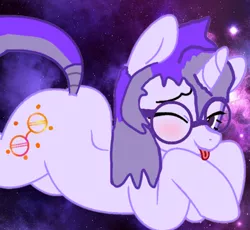 Size: 1906x1756 | Tagged: suggestive, artist:mellow91, artist:nebychko, derpibooru import, oc, oc:glass sight, unicorn, adorasexy, blushing, cute, female, galaxy, glasses, hooves together, horn, image, looking at you, lying down, ocbetes, one eye closed, png, prone, seductive pose, sexy, solo, tongue out, unicorn oc, wink