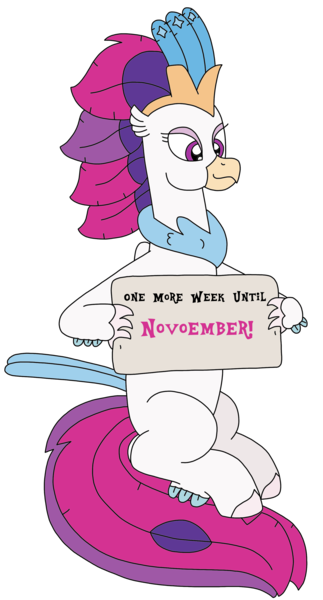 Size: 1755x3264 | Tagged: safe, artist:supahdonarudo, derpibooru import, queen novo, classical hippogriff, hippogriff, my little pony: the movie, holding, image, png, reminder, sign, simple background, sitting, transparent background