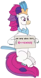 Size: 1755x3264 | Tagged: safe, artist:supahdonarudo, derpibooru import, queen novo, classical hippogriff, hippogriff, my little pony: the movie, holding, image, png, reminder, sign, simple background, sitting, transparent background
