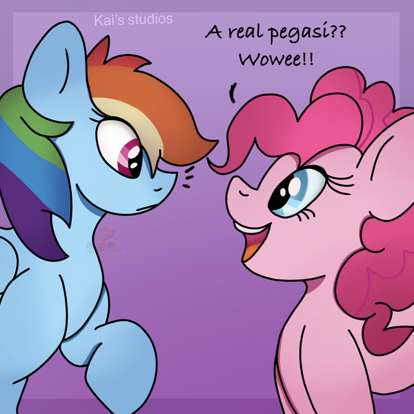 Size: 2000x2000 | Tagged: safe, artist:kaifurry, derpibooru import, pinkie pie, rainbow dash, earth pony, pegasus, pony, abstract background, blue eyes, confused, contest, derpibooru exclusive, dialogue, duo, duo female, eye contact, female, happy, high res, image, looking at each other, mare, mlp fim's eleventh anniversary, multicolored hair, multicolored mane, open mouth, open smile, pink mane, png, rainbow hair, smiling, soft shading