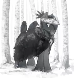 Size: 2651x2782 | Tagged: safe, artist:anonymous, oc, unofficial characters only, bird, pony, raven (bird), taiga pony, black coat, black hair, blue eyes, clothes, coat, female, forest, image, mare, png, skull, snow, solo, tree, visible breath