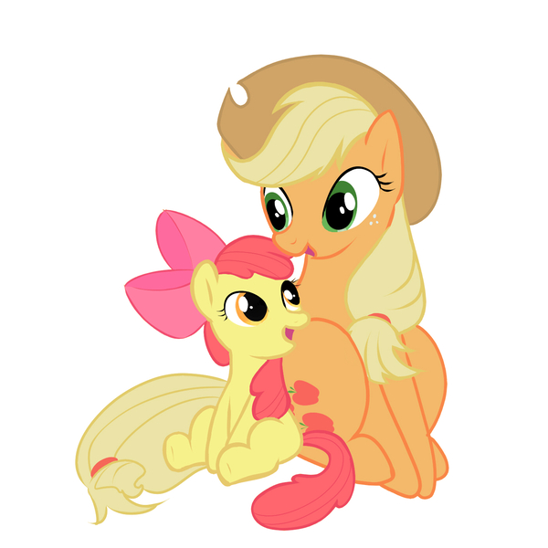 Size: 1400x1400 | Tagged: safe, artist:zigrock, derpibooru import, apple bloom, applejack, earth pony, pony, apple bloom's bow, applejack's hat, bow, cowboy hat, duo, duo female, female, filly, freckles, green eyes, hair bow, hat, image, jpeg, mare, open mouth, open smile, orange eyes, red mane, red tail, siblings, simple background, sisters, sitting, smiling, tail, white background