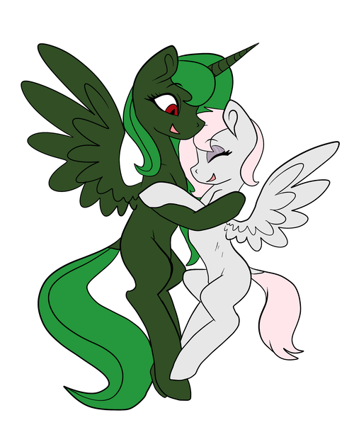 Size: 2500x3000 | Tagged: safe, artist:katyusha, derpibooru import, oc, oc:evening "eve" canter, oc:violet, alicorn, pegasus, alicorn oc, commission example, cute, duo, eyebrows, eyebrows visible through hair, eyes closed, horn, hug, image, png, red eyes, wings