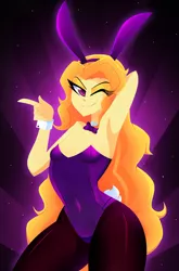 Size: 1458x2209 | Tagged: suggestive, artist:xan-gelx, derpibooru import, edit, adagio dazzle, equestria girls, arm behind head, belly button, bowtie, breasts, bunny ears, bunny suit, clothes, cuffs, cuffs (clothes), delicious flat chest, female, flatdagio dazzle, image, jpeg, leotard, looking at you, one eye closed, pantyhose, smiling, stupid sexy adagio dazzle, wink, winking at you