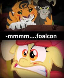 Size: 684x833 | Tagged: suggestive, derpibooru import, edit, edited screencap, screencap, apple bloom, chimera, earth pony, pony, somepony to watch over me, female, filly, foal, foalcon, image, jpeg, meme, my little pony, shy, spoilers for another series, underage