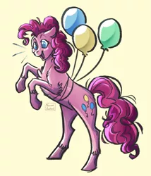 Size: 1280x1494 | Tagged: safe, artist:naomihubbard276, derpibooru import, pinkie pie, earth pony, pony, balloon, image, jpeg, rearing, simple background, solo, yellow background