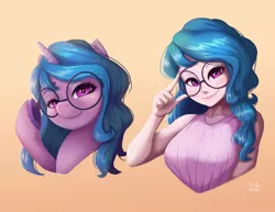 Size: 1295x1000 | Tagged: safe, artist:the-park, ponybooru import, izzy moonbow, human, pony, unicorn, my little pony: a new generation, blushing, bust, clothes, duo, female, g5, glasses, gradient background, humanized, image, jpeg, lidded eyes, looking at you, mare, portrait, raised hoof, raised leg, self ponidox, smiling, tanktop, underhoof, unshorn fetlocks