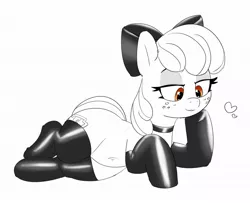 Size: 1200x975 | Tagged: suggestive, artist:pabbley, ponybooru import, apple bloom, pony, bedroom eyes, belly button, bow, choker, clothes, female, floating heart, freckles, hair bow, heart, image, jpeg, latex, latex socks, lidded eyes, lying down, mare, monochrome, neo noir, older, older apple bloom, partial color, raised hoof, raised leg, simple background, sketch, smiling, socks, solo, solo female, white background