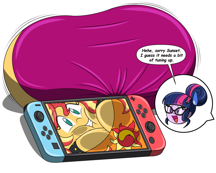 Size: 3000x2400 | Tagged: suggestive, derpibooru import, sci-twi, sunset shimmer, twilight sparkle, equestria girls, bunset shimmer, butt, dracodragite, image, nintendo switch, png, suction, toony